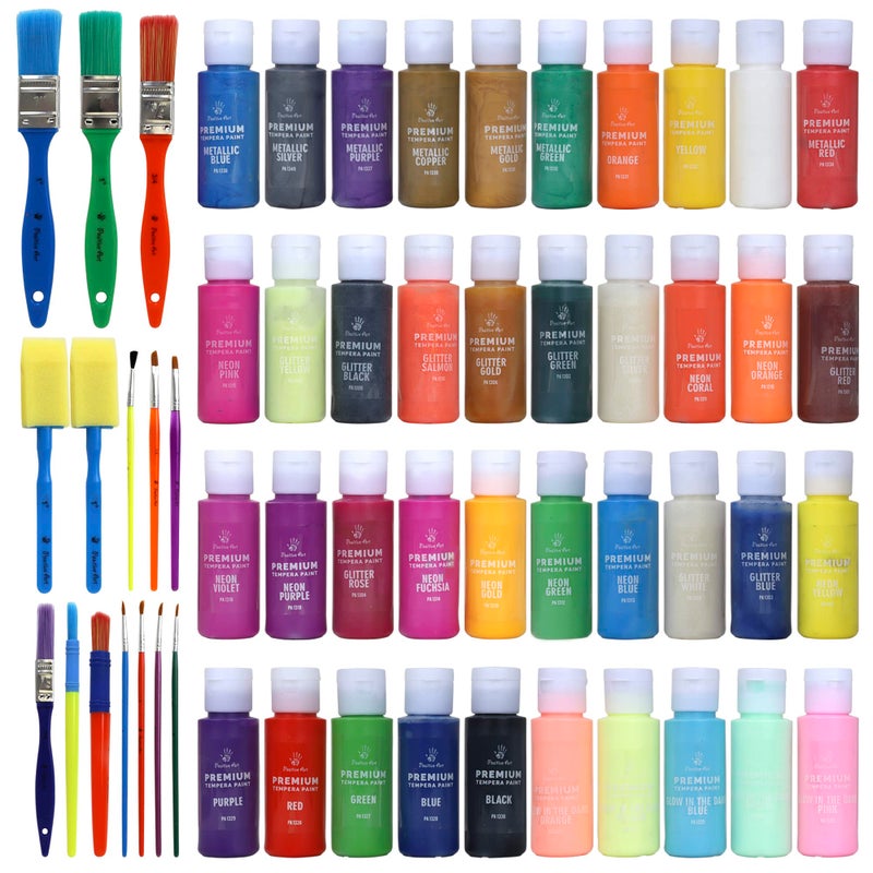 Positive Art Kids Tempera Paint Set | Value Pack Includes 40 Washable Non-Toxic Colorful Paints (2oz bottles) & 15 Brushes | Metallic, Neon, Glow In The Dark, Glitter Paints | Paint For Arts & Crafts, Fun Projects - Image 2